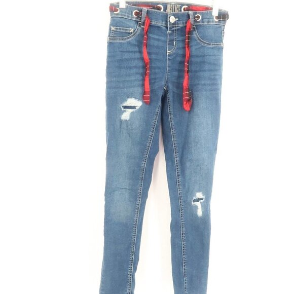 Justice Girls Distressed Skinny Jeans with Plaid Belt Size 14 - Picture 1 of 12